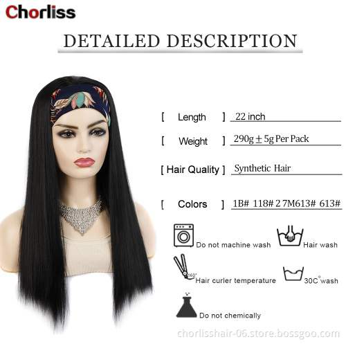 Wholesale Cheap Long Light Blonde Straight Turban headband wig Synthetic Hair Wigs With Headband Attached  Wig For Women